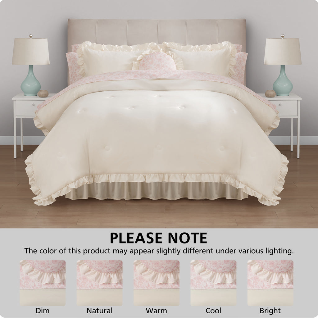 Mainstays All in One Reversible Comforter and Sheet set- 11 Piece, Queen, Cream Ruffle