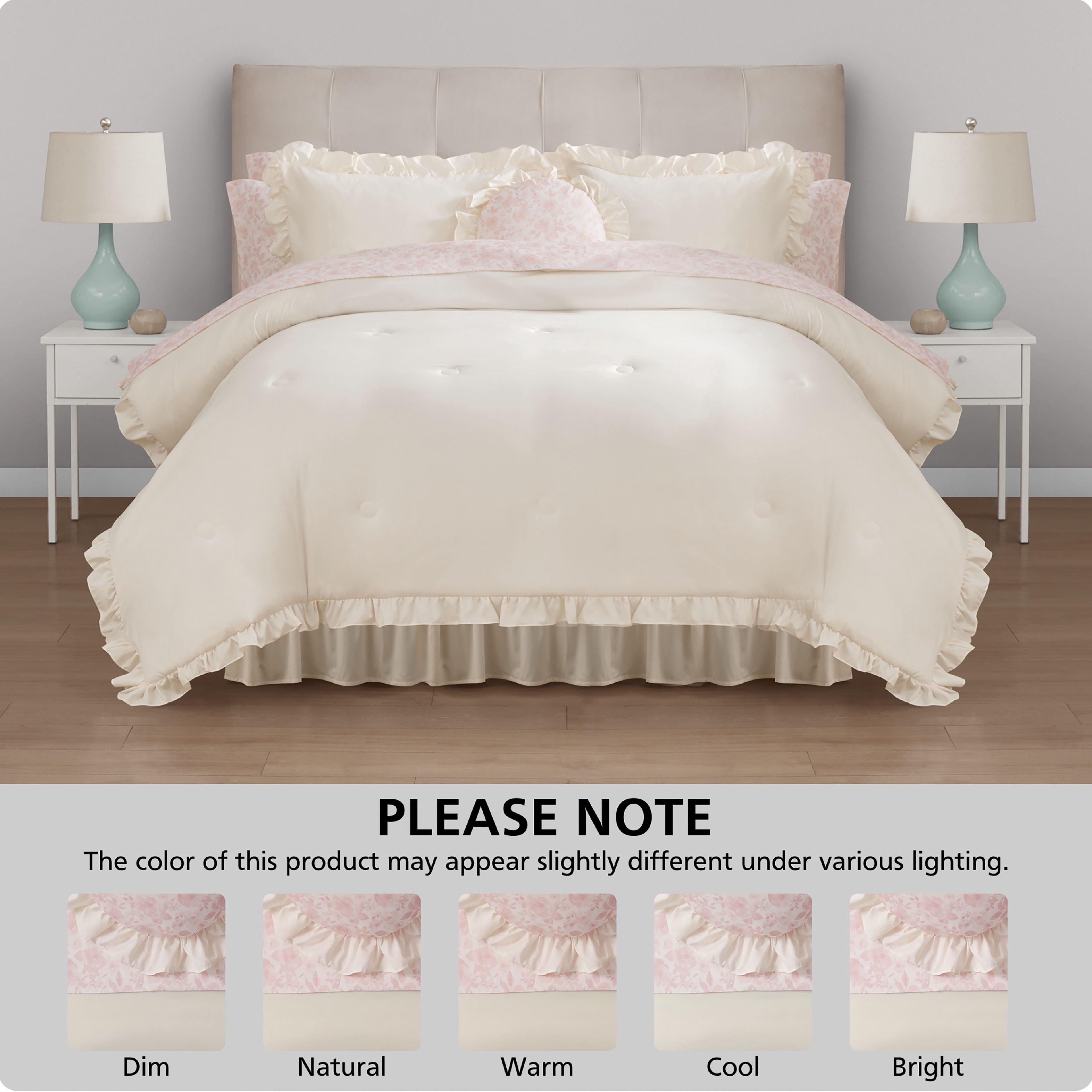 Mainstays All in One Reversible Comforter and Sheet set- 11 Piece, Queen, Cream Ruffle