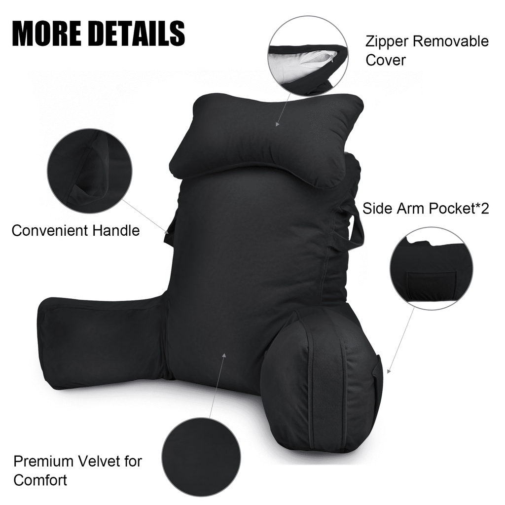 PHOGARY 31inch Reading Pillow for Bed Backrest with Arms - Black - Adult, Ultra-Comfy Microplush Cover & Detachable Neck Roll - Unmatched Support Bed Rest Sit Up Pillow