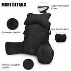 PHOGARY 31inch Reading Pillow for Bed Backrest with Arms - Black - Adult, Ultra-Comfy Microplush Cover & Detachable Neck Roll - Unmatched Support Bed Rest Sit Up Pillow