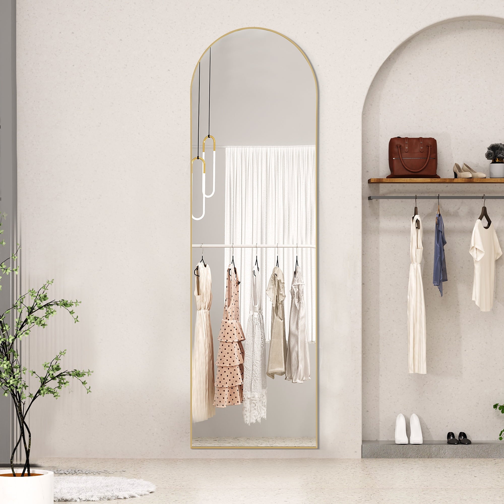 CONCETTA 59"x16" Arched Full Length Mirror, Full Body Standing Mirror Floor Mirrors, Gold