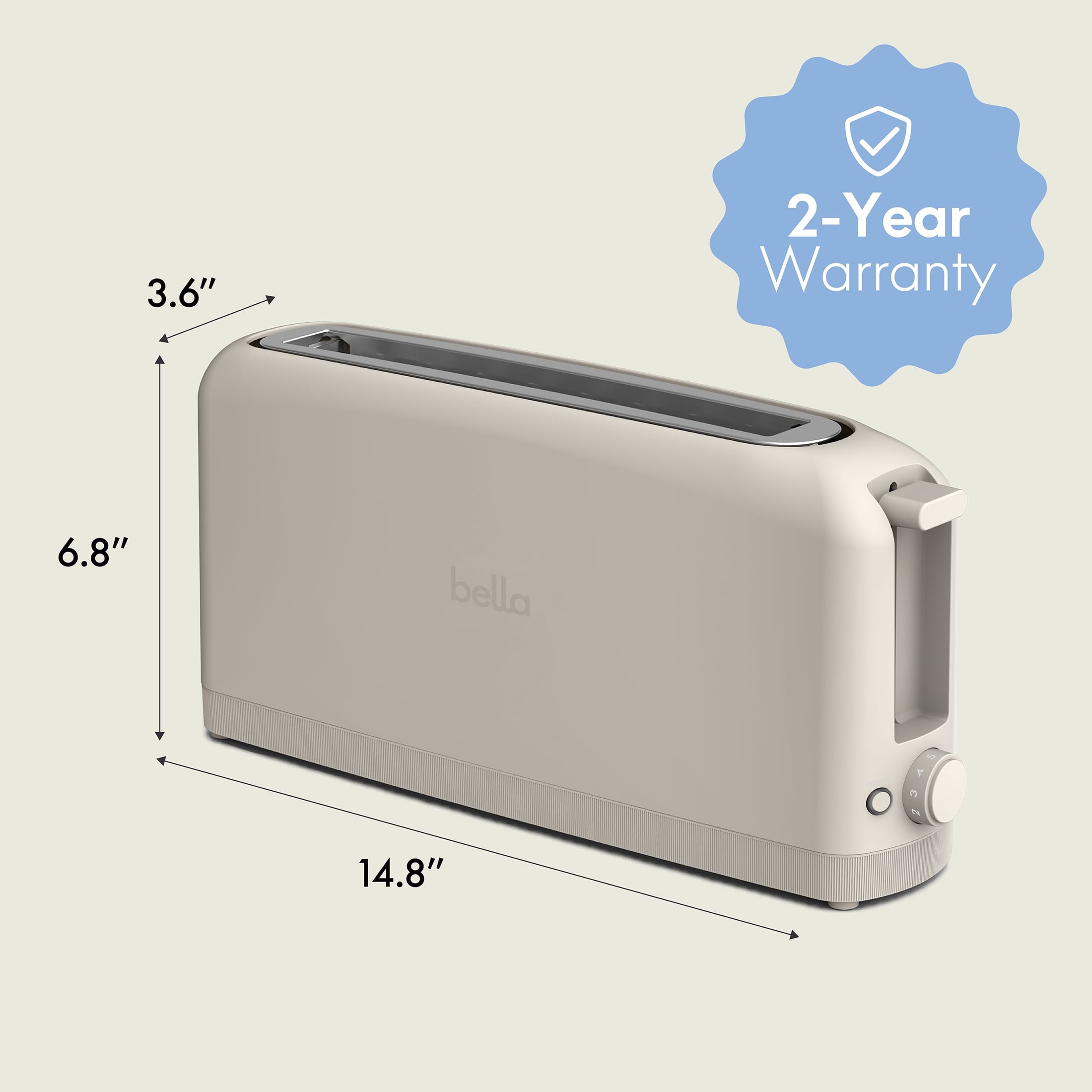 bella 2-Slice Slim Toaster with Extra Long Slot, 6 Setting Shade Control with Reheat & Cancel Buttons, Oatmilk