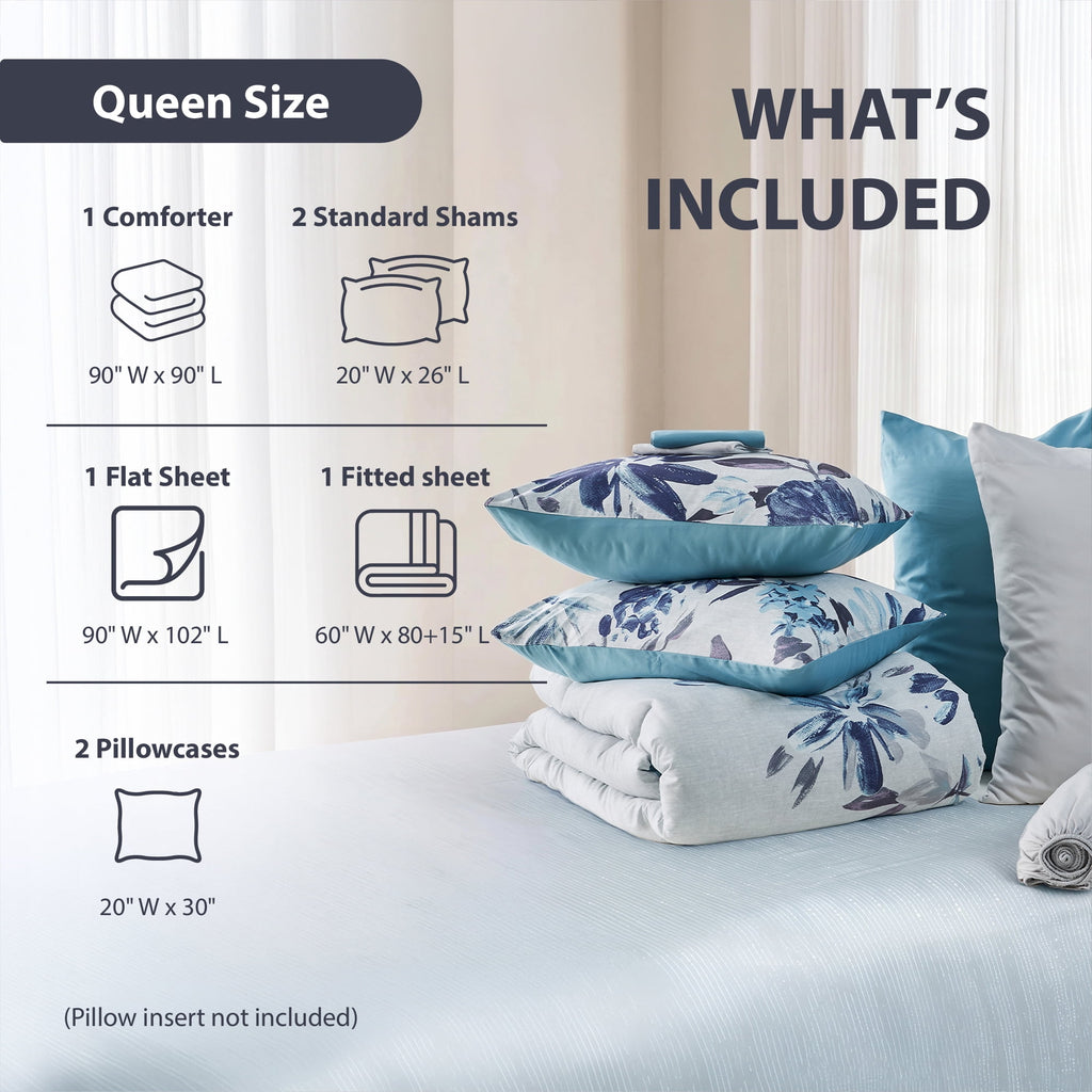 Regency Heights Queen Size Comforter Set with Sheets, 9-Piece Floral Textured Print Bed in a Bag Queen, Blue Bedding Comforter Set with Bed Sheets and Side Pocket