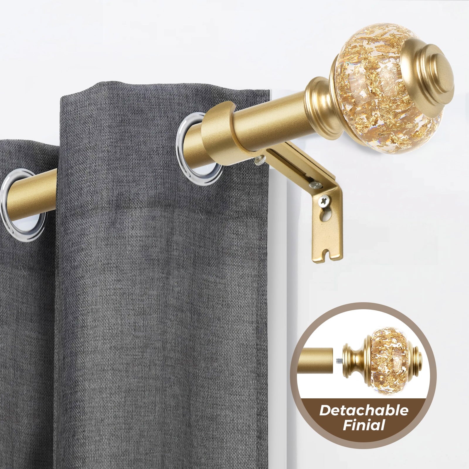 KAMANINA 7/8" Adjustable Single Curtain Rod with Translucent Finial, 48 - 84", Gold