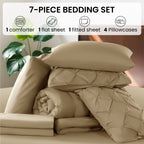 Baauye Queen Comforter Set, 7 Pieces Beige Comforters, Pintuck Bedding Sets for All Season, Bed in a Bag with Comforter, 1 Fitted Sheet, 1 Flat Sheet, 2 Pillowcases & 2 Shams