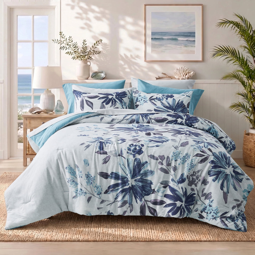 Regency Heights Queen Size Comforter Set with Sheets, 9-Piece Floral Textured Print Bed in a Bag Queen, Blue Bedding Comforter Set with Bed Sheets and Side Pocket