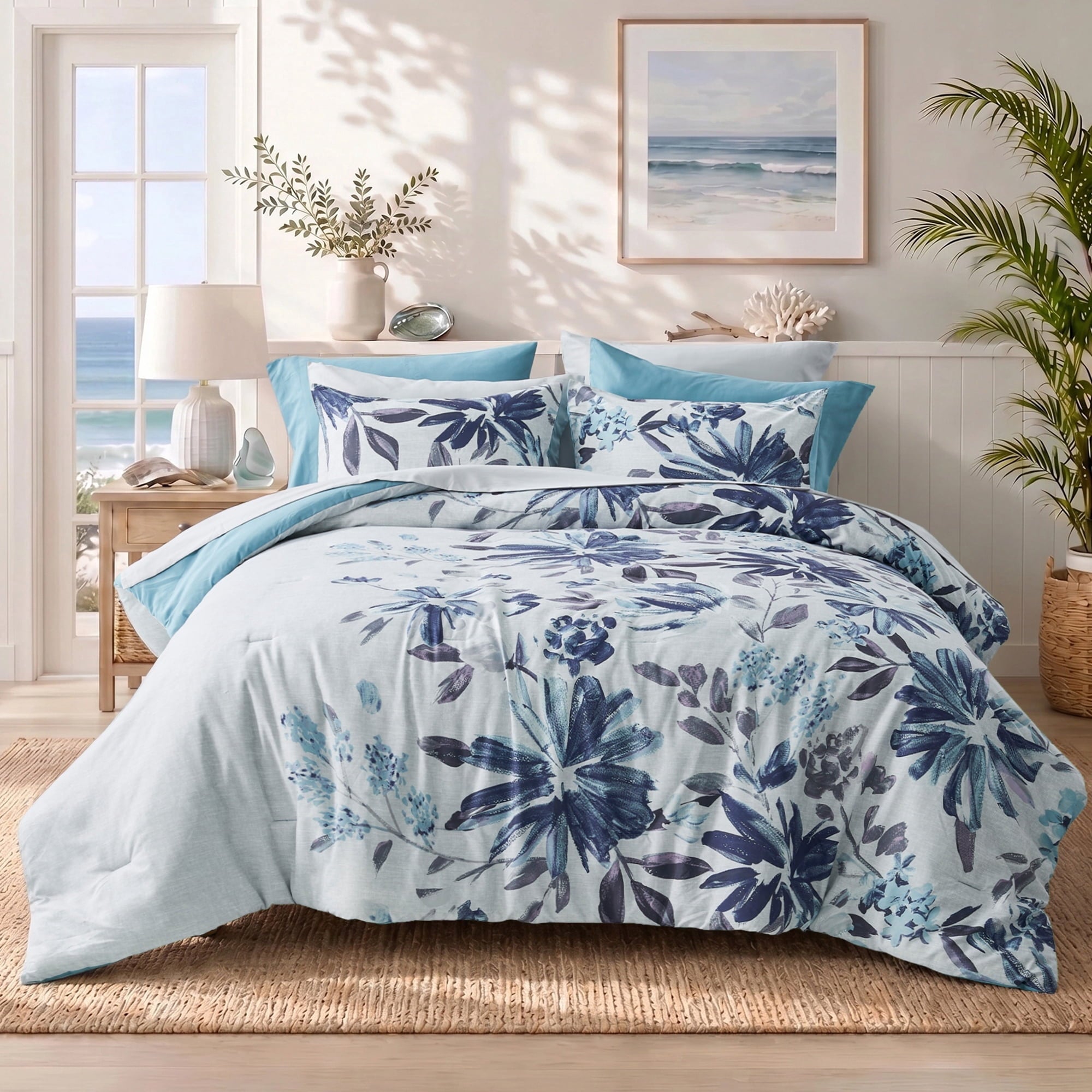 Regency Heights Queen Size Comforter Set with Sheets, 9-Piece Floral Textured Print Bed in a Bag Queen, Blue Bedding Comforter Set with Bed Sheets and Side Pocket
