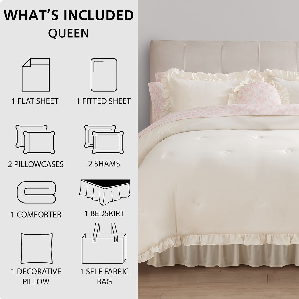 Mainstays All in One Reversible Comforter and Sheet set- 11 Piece, Queen, Cream Ruffle