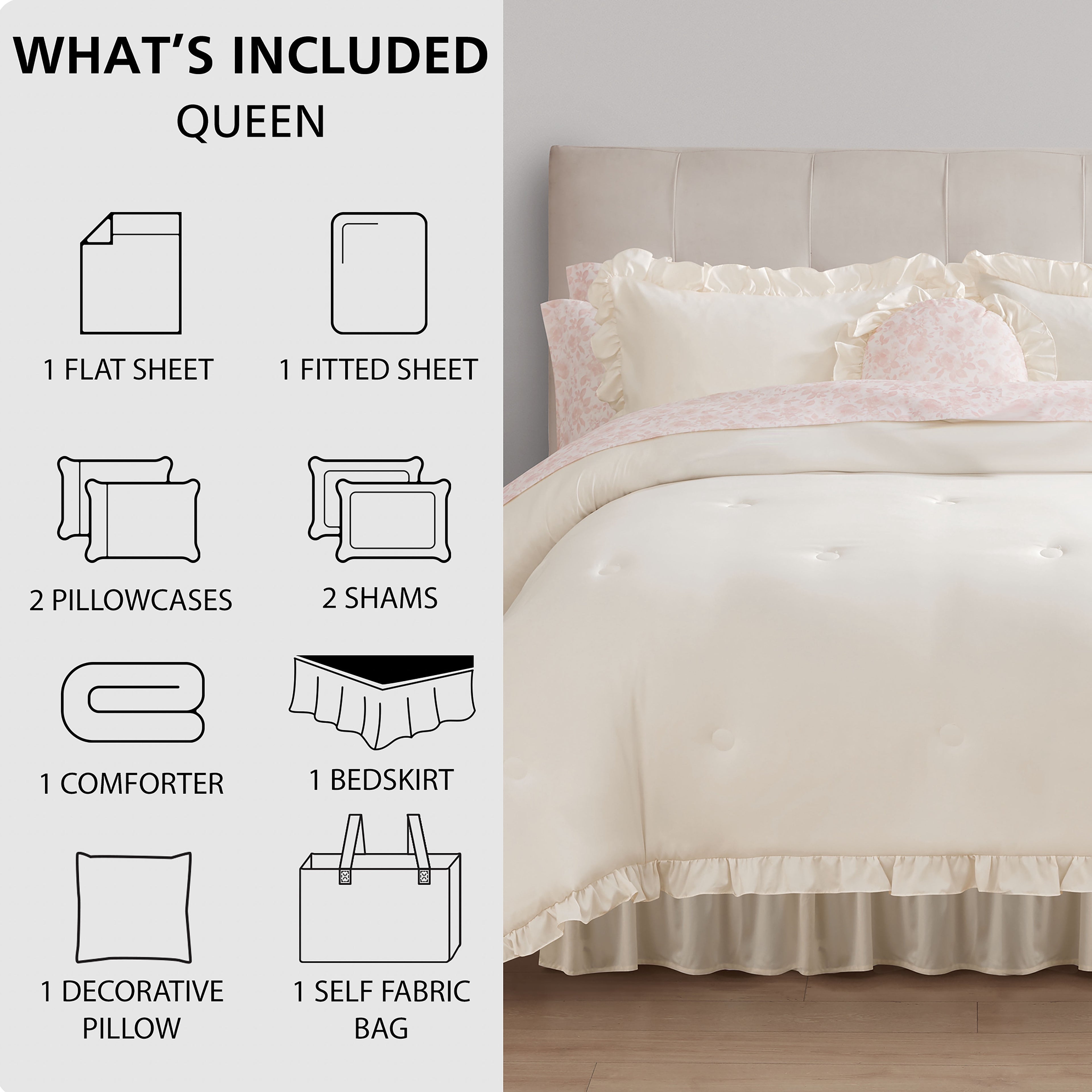 Mainstays All in One Reversible Comforter and Sheet set- 11 Piece, Queen, Cream Ruffle