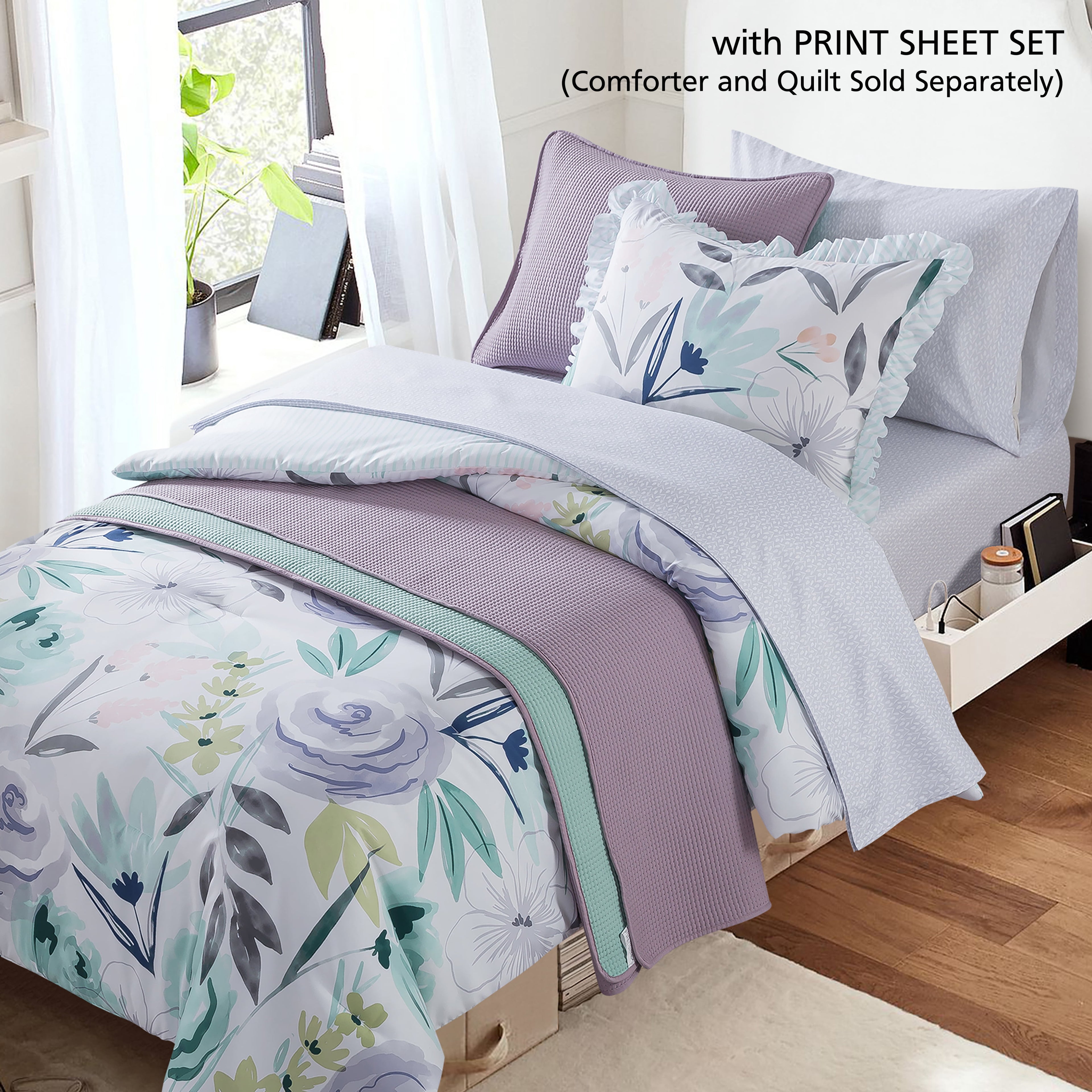 Campus Comforts by New Sega Home 2-Pack Microfiber Sheet Set, One Print, One Solid, Flora, Lilac, Twin-XL