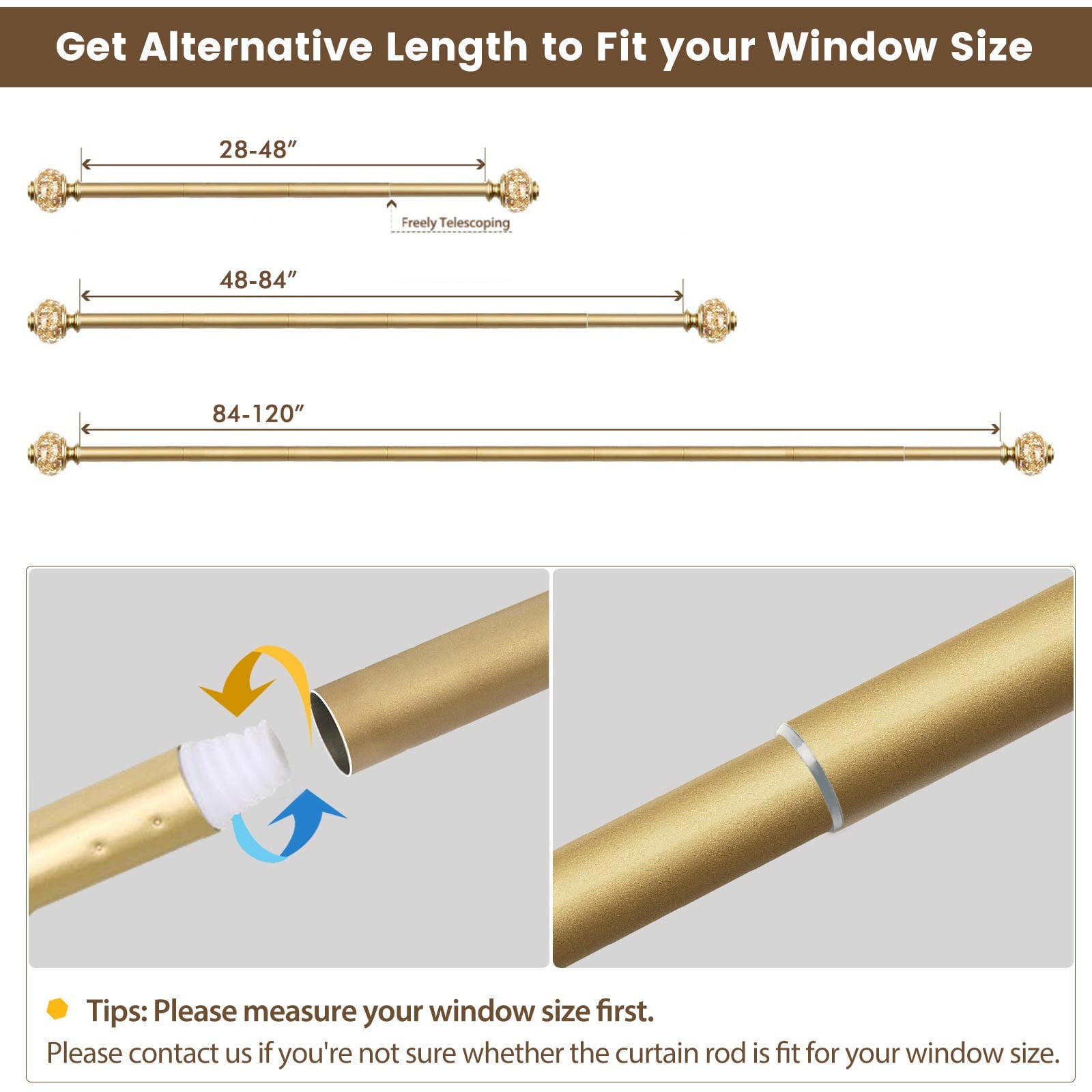 KAMANINA 7/8" Adjustable Single Curtain Rod with Translucent Finial, 48 - 84", Gold