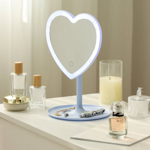 Mainstays 11.26" Tall Light Blue Plastic Frame Tabletop Heart Shaped LED Lighted Mirror with Trinket Tray