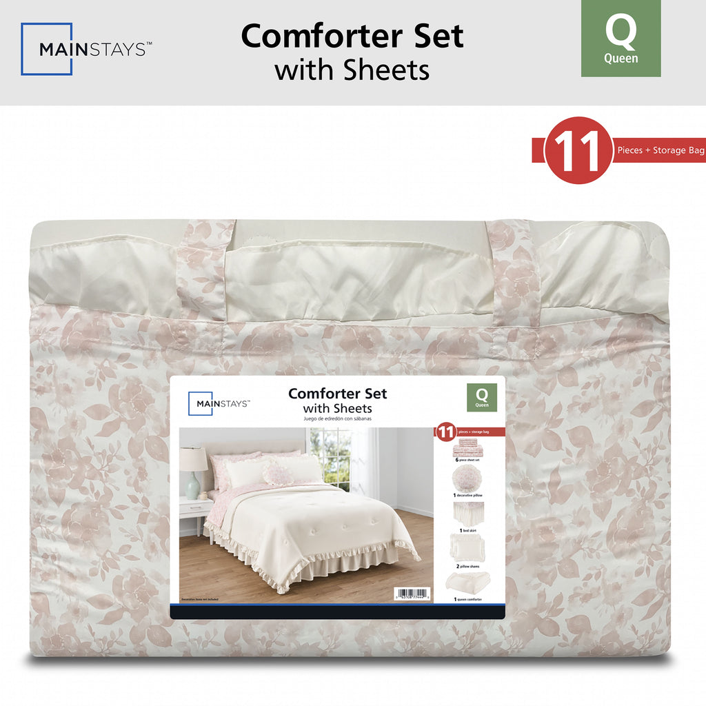 Mainstays All in One Reversible Comforter and Sheet set- 11 Piece, Queen, Cream Ruffle