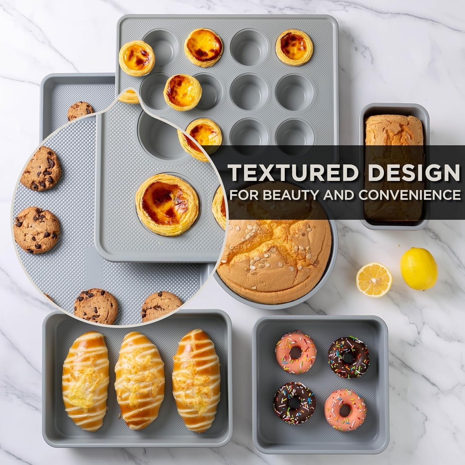 Country Kitchen Heavy Duty Baking Pans Bakeware Set with Textured Silicone Coating, Cream, 6-Piece