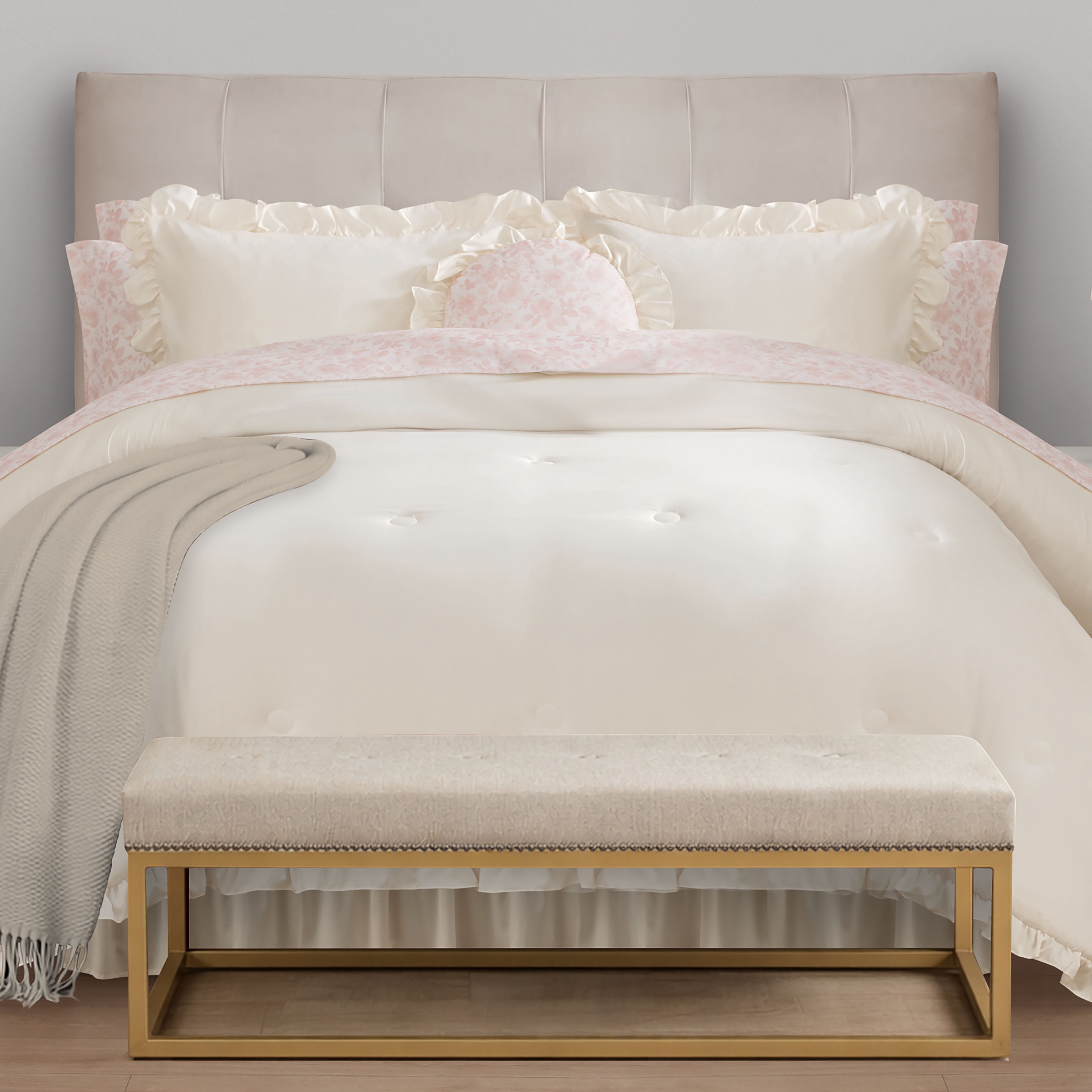Mainstays All in One Reversible Comforter and Sheet set- 11 Piece, Queen, Cream Ruffle
