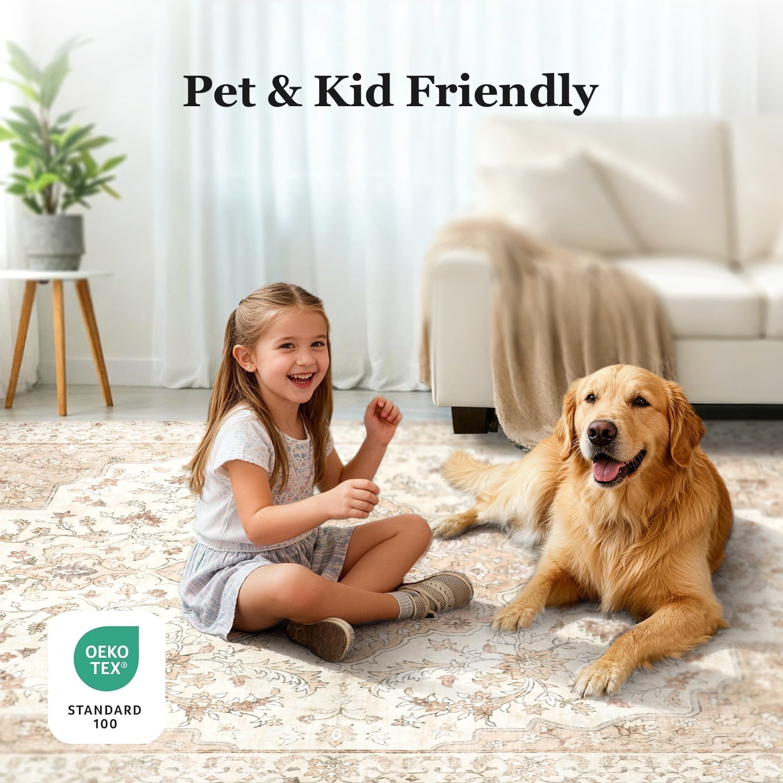 CHITOOMA 8'x10' Boho Area Rugs for Living Room, Machine Washable Floral Area Rug with Non-Slip Backing, Stain Resistant Non-Shed Carpet for Bedroom, Dining Room, Dorm, Office