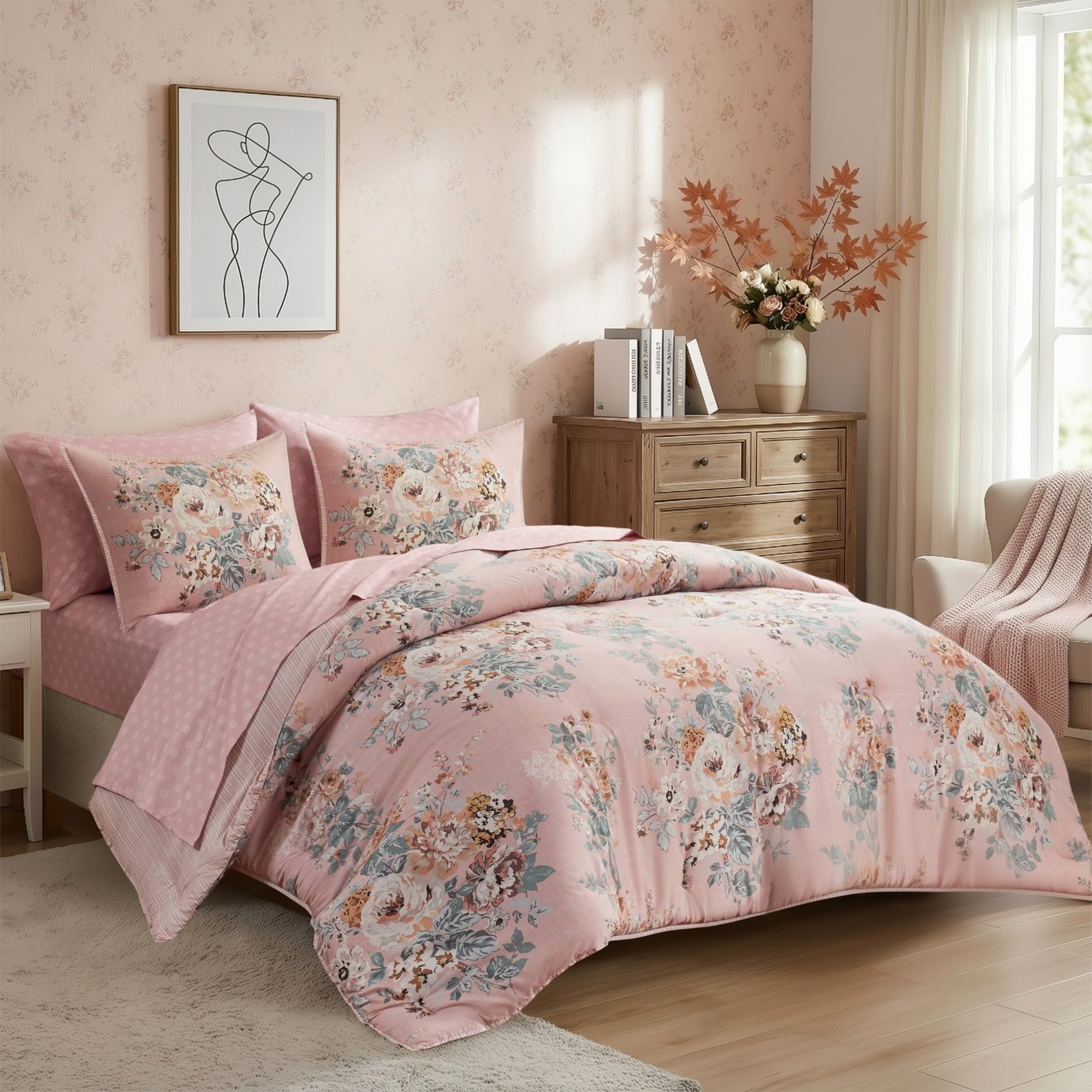 Regency Heights Queen Size Comforter Sets, Pink Vintage Floral Bed in a Bag Queen, 7 Pieces Bedding Comforter Set with Bed Sheets and Pillowcases