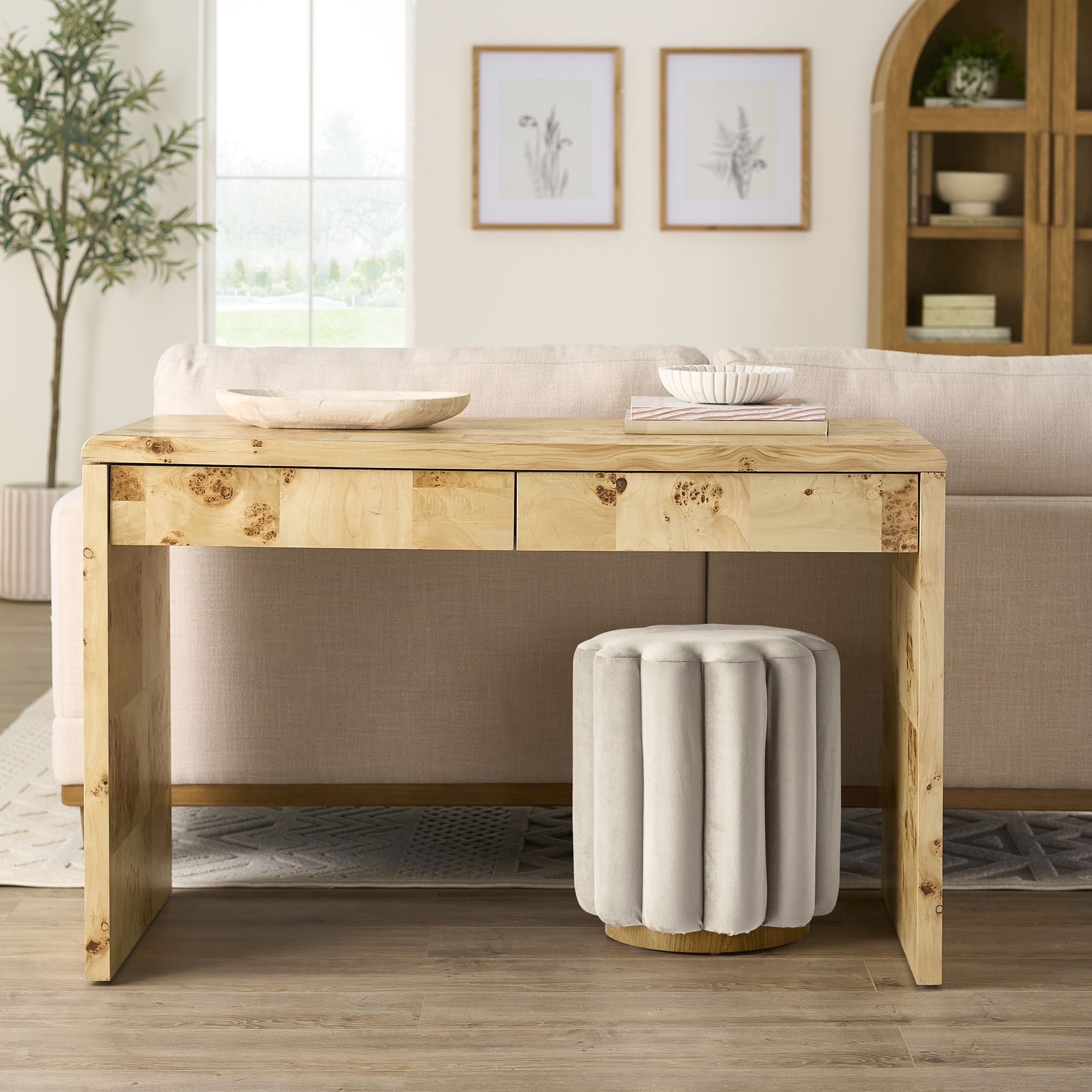 Better Homes & Gardens Lillian Velvet Tufted Ottoman, Beige