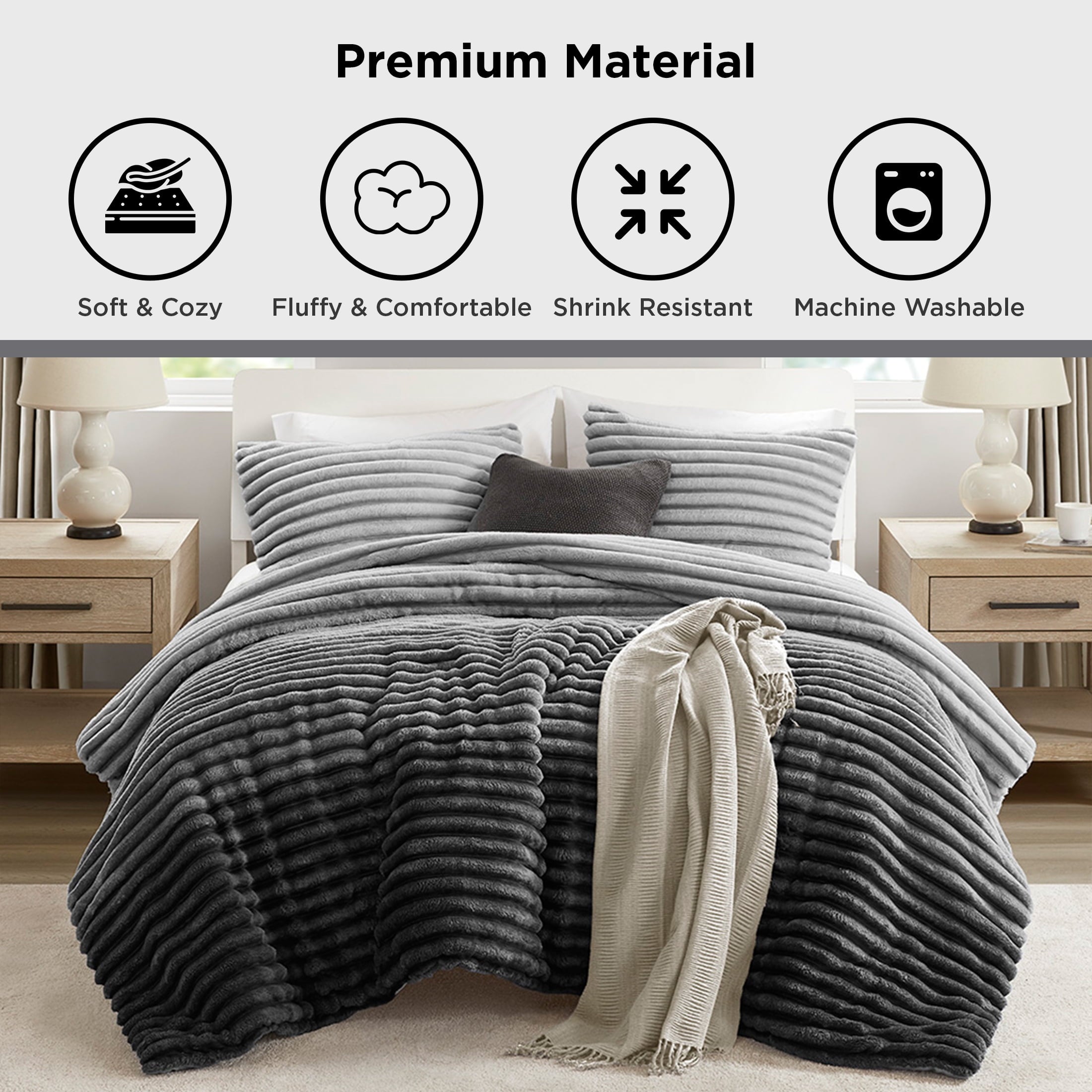 Regency Heights King/Cal King Fluffy Ribbed Plush Comforter Set 3-Piece Bedding Set Grey Ombre