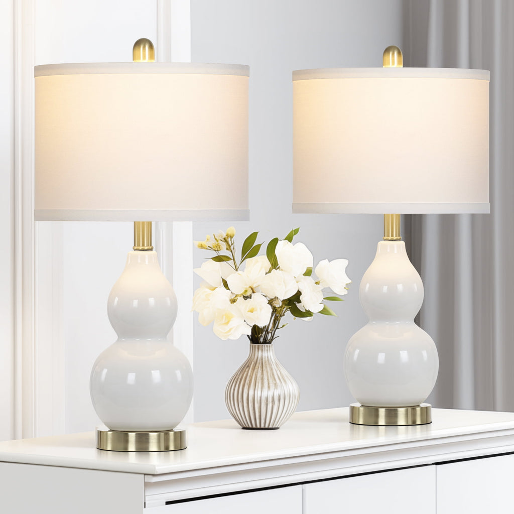 Cinkeda Double Gourd Ceramic Table Lamps Set of 2 for Bedroom Living Room 22" Modern White Gold Nightstand Bedside Lamp with Shade