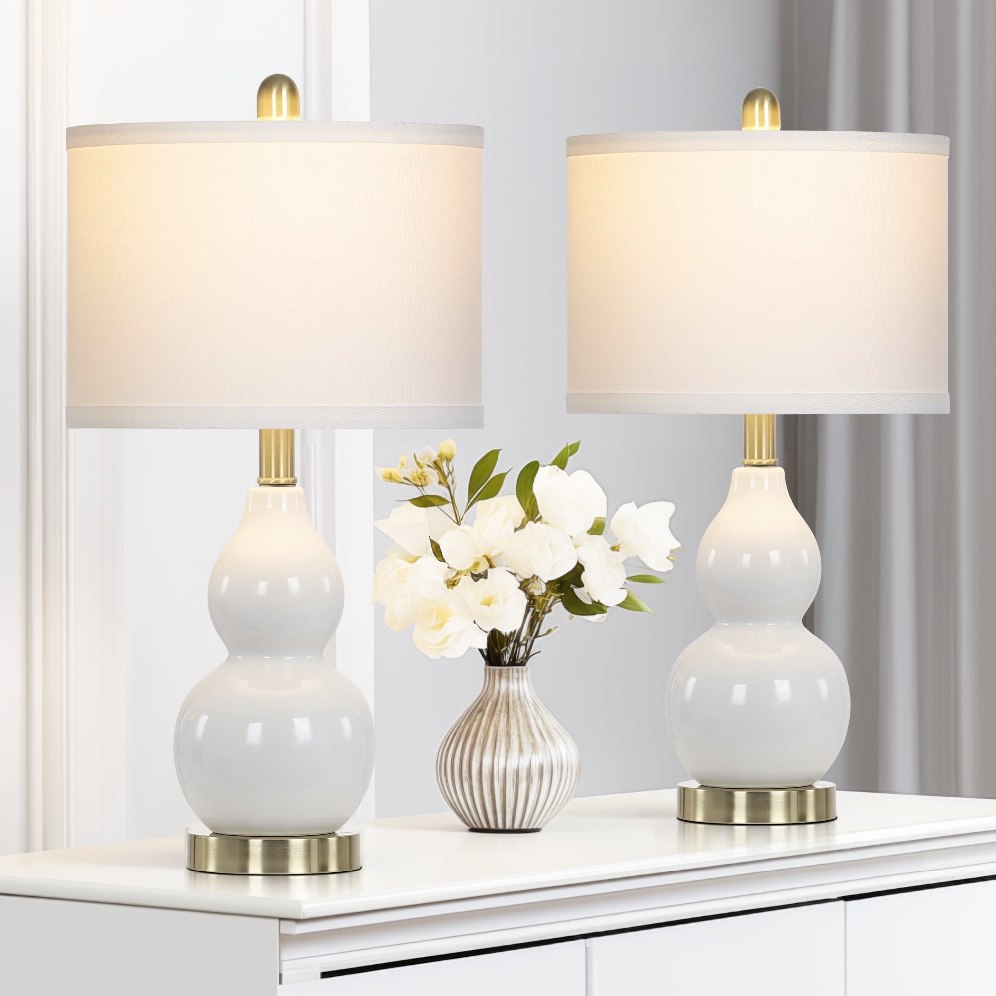 Cinkeda Double Gourd Ceramic Table Lamps Set of 2 for Bedroom Living Room 22" Modern White Gold Nightstand Bedside Lamp with Shade
