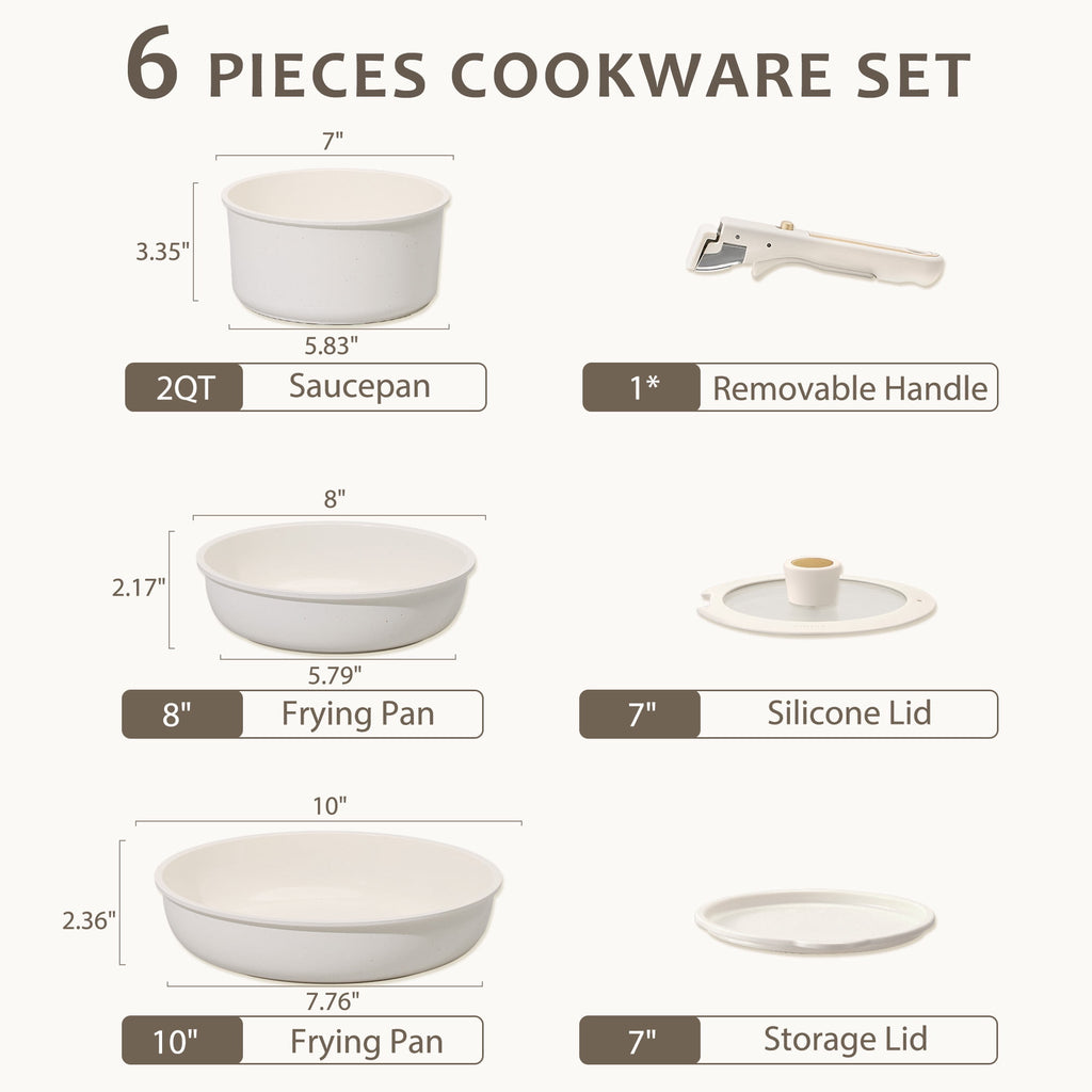 Carote Nonstick Detachable Pots and Pans Set, 6 Pieces Non Toxic Cookware Set with Induction, Oven/Dishwasher Safe, Easy for Storage, Granite White
