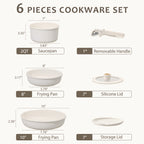 Carote Nonstick Detachable Pots and Pans Set, 6 Pieces Non Toxic Cookware Set with Induction, Oven/Dishwasher Safe, Easy for Storage, Granite White