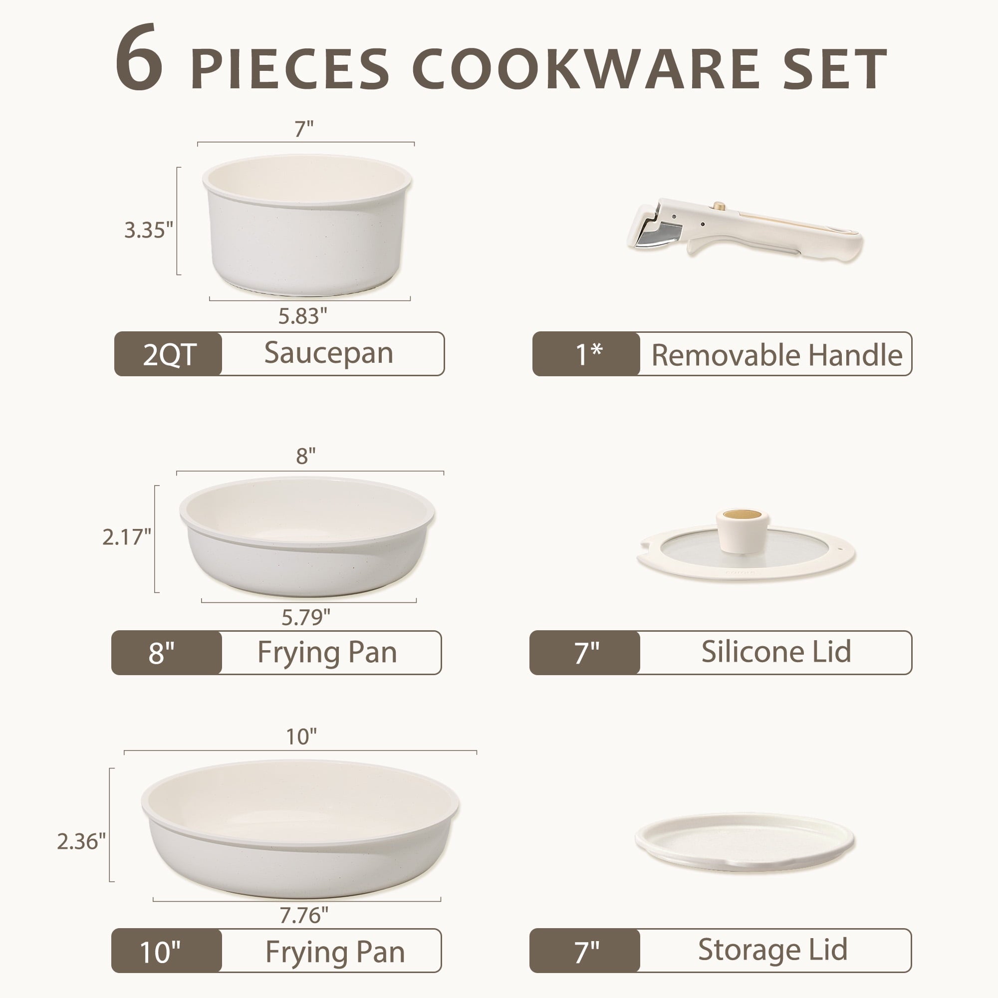 Carote Nonstick Detachable Pots and Pans Set, 6 Pieces Non Toxic Cookware Set with Induction, Oven/Dishwasher Safe, Easy for Storage, Granite White