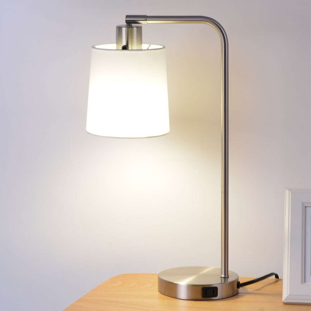 Better Homes & Gardens Modern Desk Lamp with Outlet, Brushed Nickel Base & Fabric Shade, 18.26 Inches