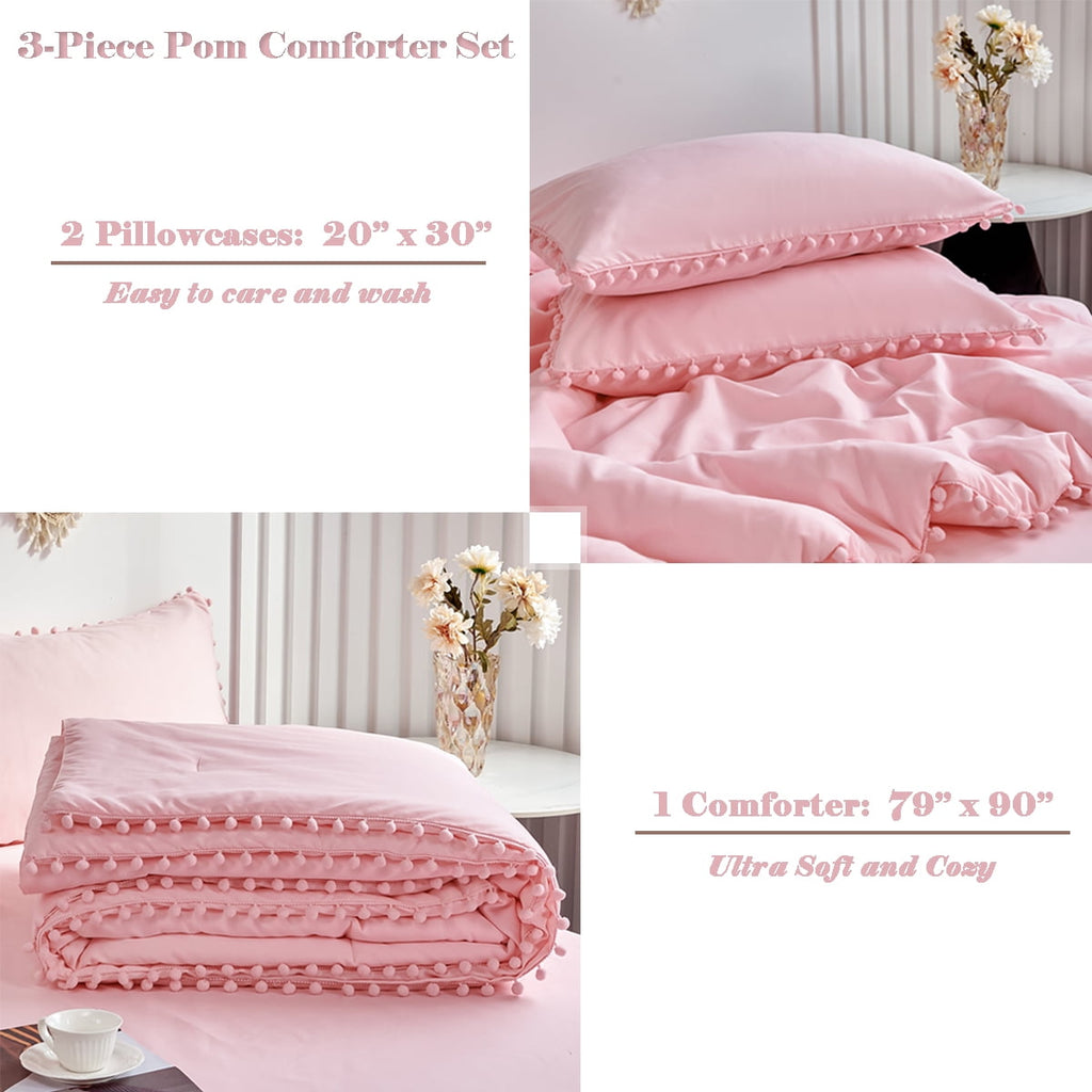RYNGHIPY Pink Full Size Comforter Set Pom Fringe 3 Pcs Boho Chic Cute Ball Pom Blush Bedding Set Cali Soft Lightweight Solid Bed Set (1 Pom Comforter, 2 Pillowcases)