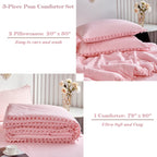 RYNGHIPY Pink Full Size Comforter Set Pom Fringe 3 Pcs Boho Chic Cute Ball Pom Blush Bedding Set Cali Soft Lightweight Solid Bed Set (1 Pom Comforter, 2 Pillowcases)