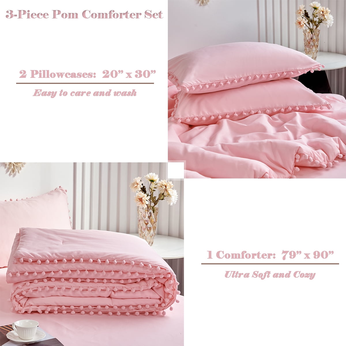 RYNGHIPY Pink Full Size Comforter Set Pom Fringe 3 Pcs Boho Chic Cute Ball Pom Blush Bedding Set Cali Soft Lightweight Solid Bed Set (1 Pom Comforter, 2 Pillowcases)