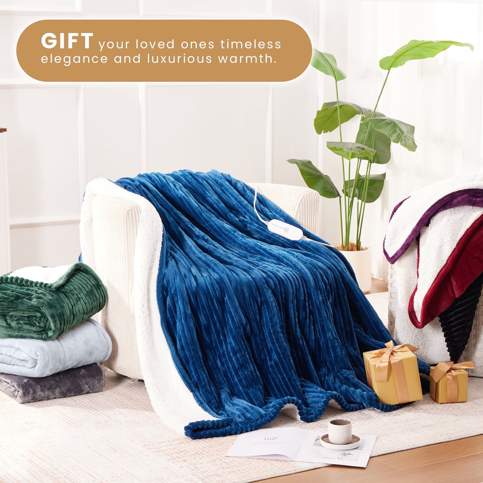 WISHEAD Electric Heated Blanket Throw Soft Flannel & Sherpa, 5 Heat Levels, 3 Hours Auto-Off Over-Heat Protection ETL Certification (50"x60", Light Gray)