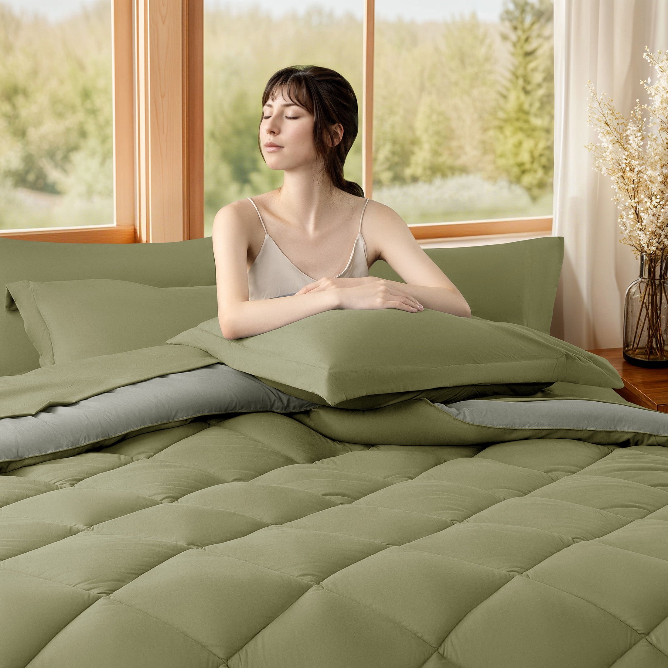Sonoro Kate Queen Comforter Set Sage Green, Bed in a Bag 7 Pieces, Luxury Soft All-Season Bedding Set with Down Alternative Comforter, 1 Flat & 1 Fitted Sheets, 2 Pillowcases & 2 Shams