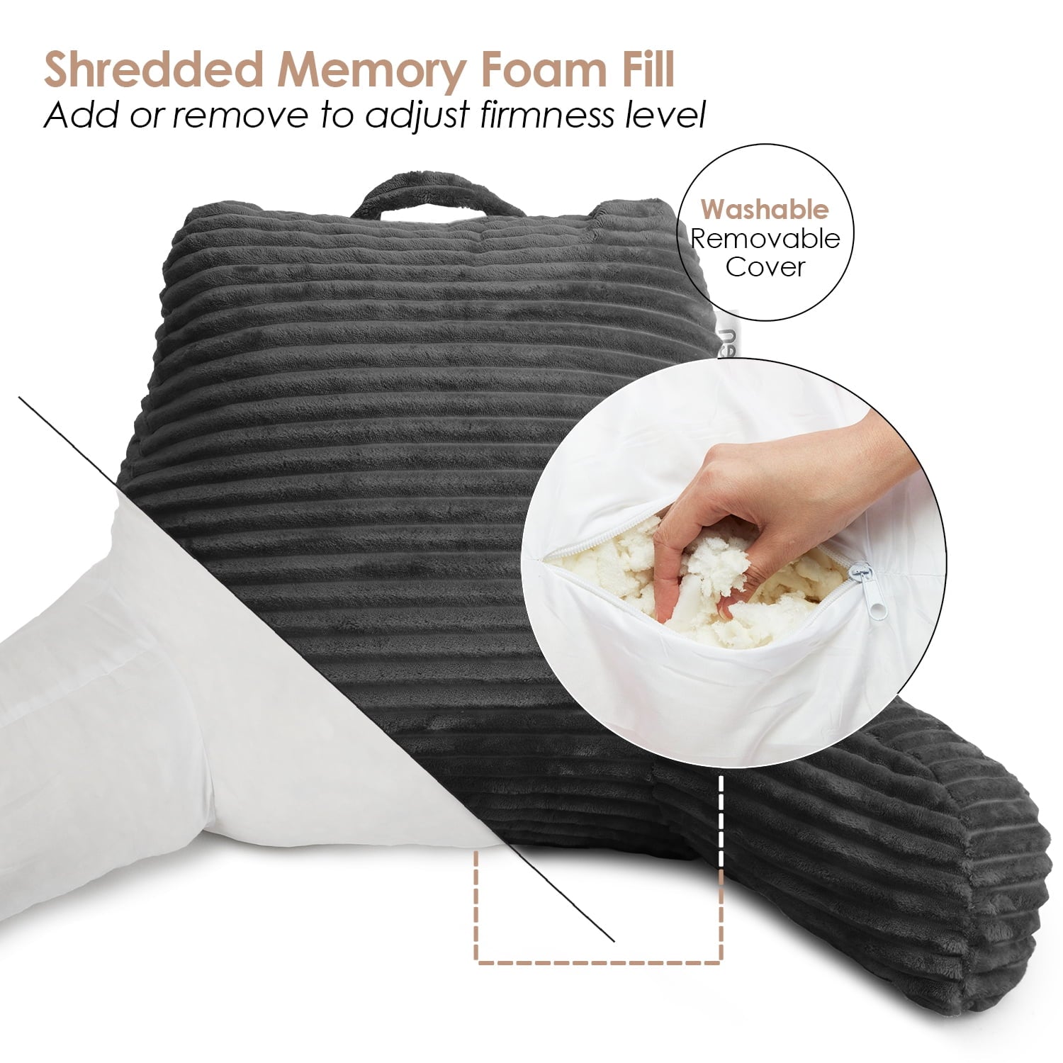 Nestl Backrest Reading Pillow, Back Support Pillow with Arms, Shredded Memory Foam Bed Rest Pillow, Dark Gray