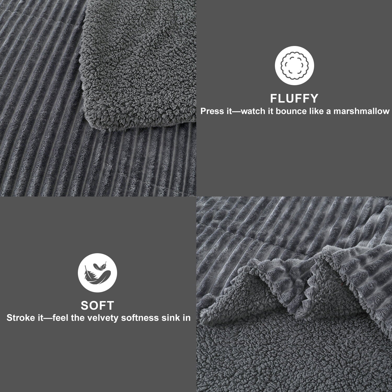 Jessy Home 3 Piece Fleece Queen Comforter Set - Soft & Warm Fluffy Dark Gray Sherpa Bedding , Fuzzy Heavy Double Sided Design Winter Comforter with 2 Pillow Cases
