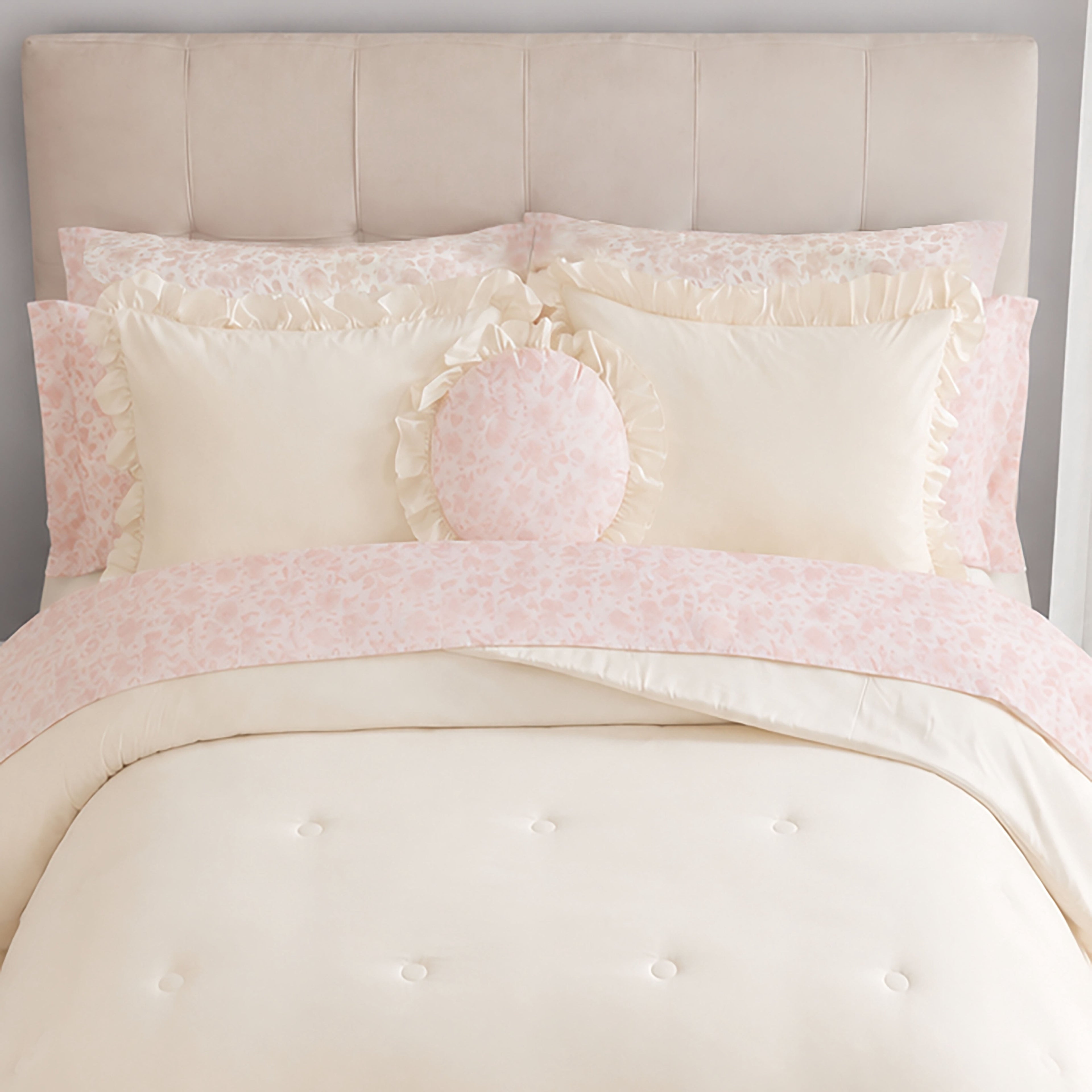 Mainstays All in One Reversible Comforter and Sheet set- 11 Piece, Queen, Cream Ruffle