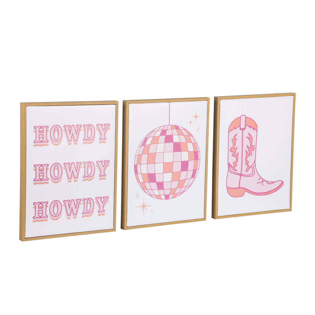 Mainstays 3 Pc Set Pink Western Theme Wall Art, Howdy, Boot, and Disco Globe