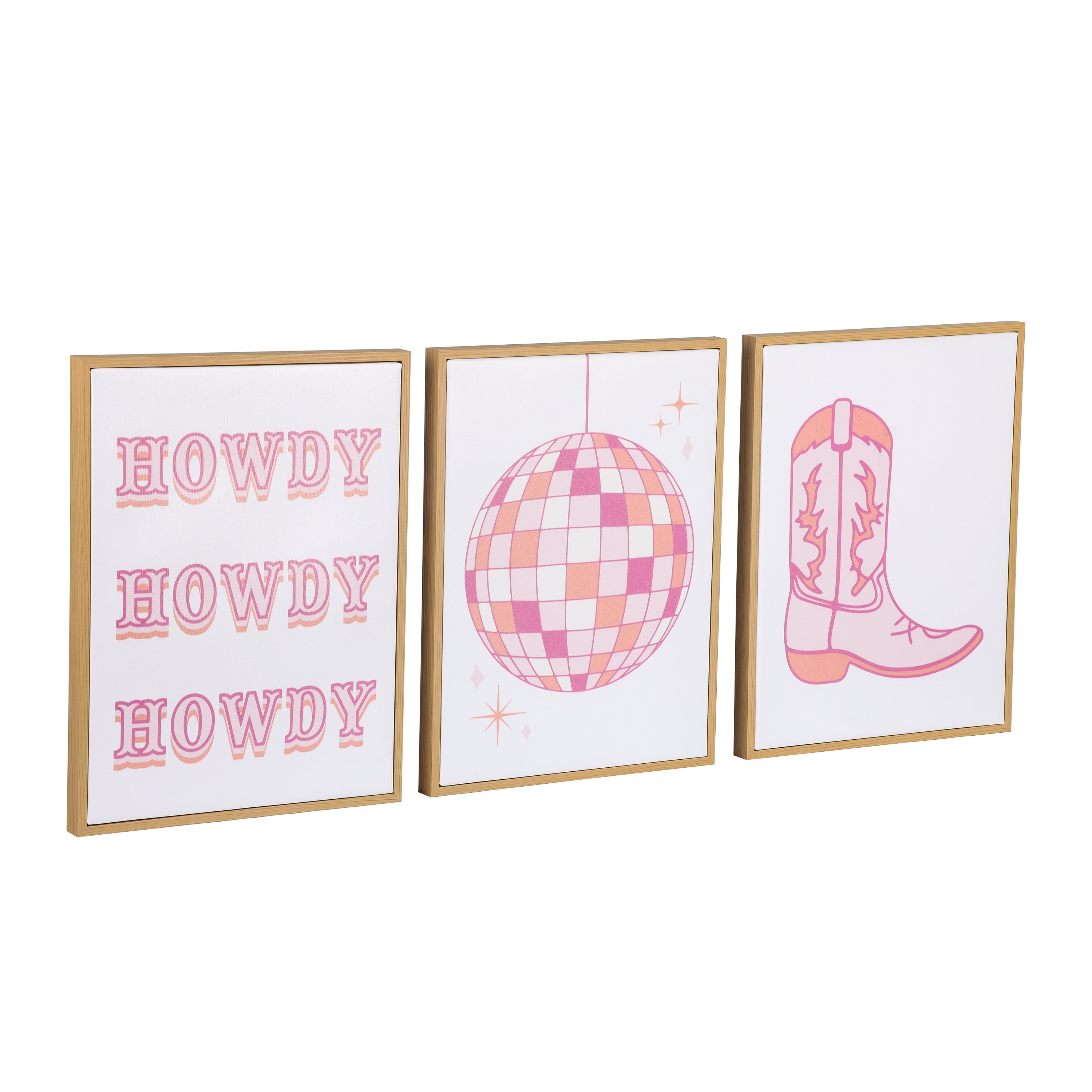 Mainstays 3 Pc Set Pink Western Theme Wall Art, Howdy, Boot, and Disco Globe