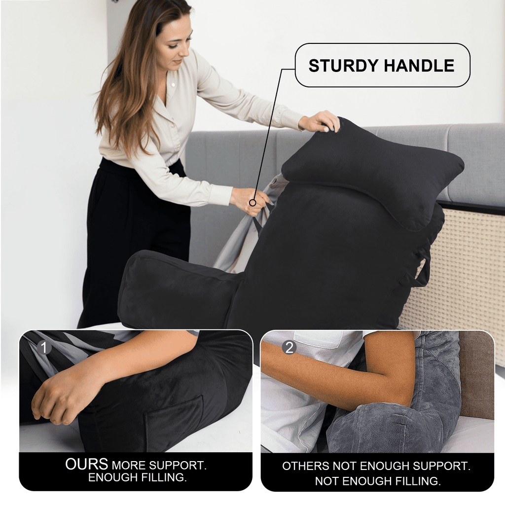 PHOGARY 31inch Reading Pillow for Bed Backrest with Arms - Black - Adult, Ultra-Comfy Microplush Cover & Detachable Neck Roll - Unmatched Support Bed Rest Sit Up Pillow