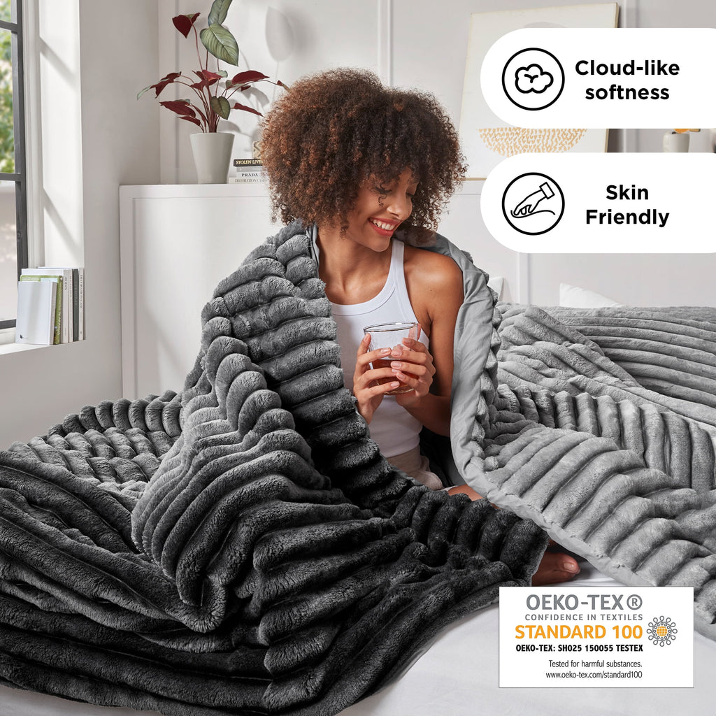 Regency Heights King/Cal King Fluffy Ribbed Plush Comforter Set 3-Piece Bedding Set Grey Ombre