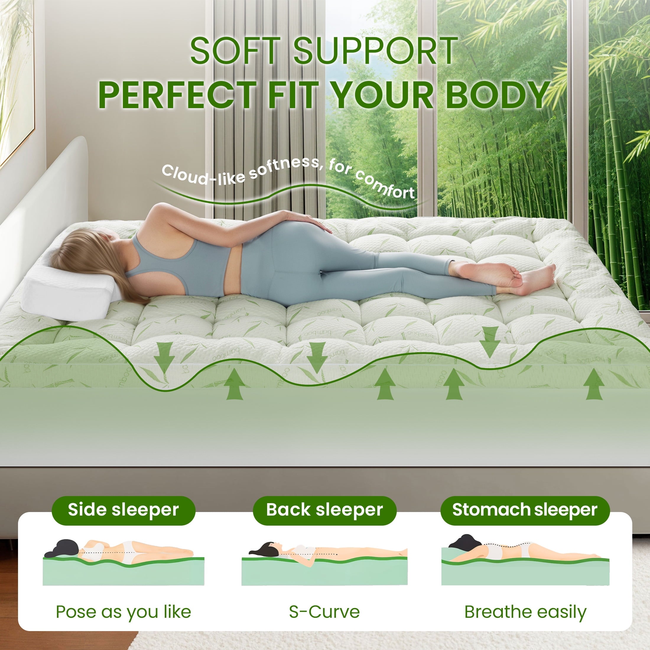 Baauye Cooling Bamboo Mattress Topper, 900GSM Quilted Mattress Pad with 8-21" Deep Pocket, King, Green