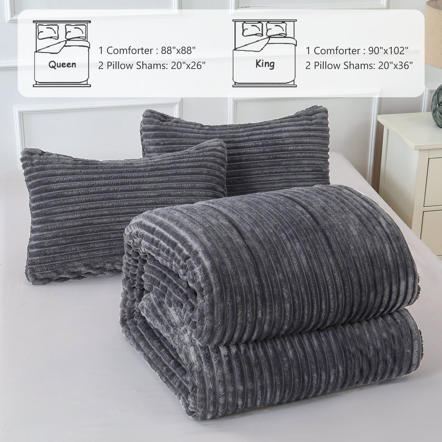 Jessy Home 3 Piece Fleece Queen Comforter Set - Soft & Warm Fluffy Dark Gray Sherpa Bedding , Fuzzy Heavy Double Sided Design Winter Comforter with 2 Pillow Cases