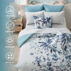 Regency Heights Queen Size Comforter Set with Sheets, 9-Piece Floral Textured Print Bed in a Bag Queen, Blue Bedding Comforter Set with Bed Sheets and Side Pocket