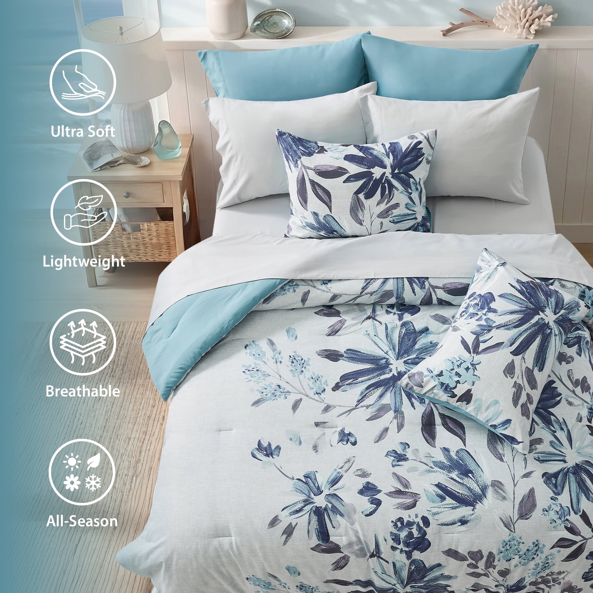 Regency Heights Queen Size Comforter Set with Sheets, 9-Piece Floral Textured Print Bed in a Bag Queen, Blue Bedding Comforter Set with Bed Sheets and Side Pocket