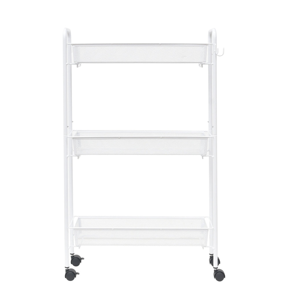 Mainstays Slim 3-Tier Rolling Bathroom Storage Cart with Hooks in White Finish
