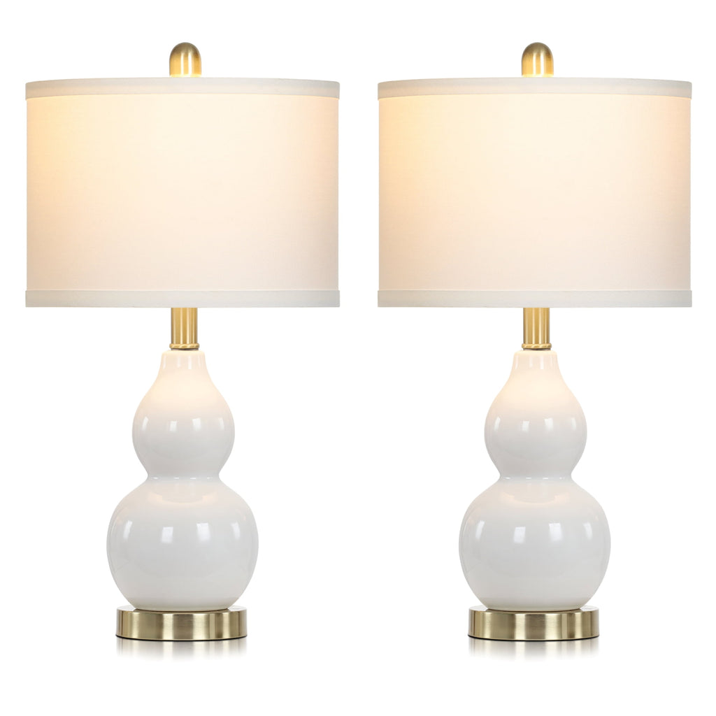 Cinkeda Double Gourd Ceramic Table Lamps Set of 2 for Bedroom Living Room 22" Modern White Gold Nightstand Bedside Lamp with Shade