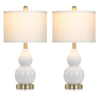Cinkeda Double Gourd Ceramic Table Lamps Set of 2 for Bedroom Living Room 22" Modern White Gold Nightstand Bedside Lamp with Shade