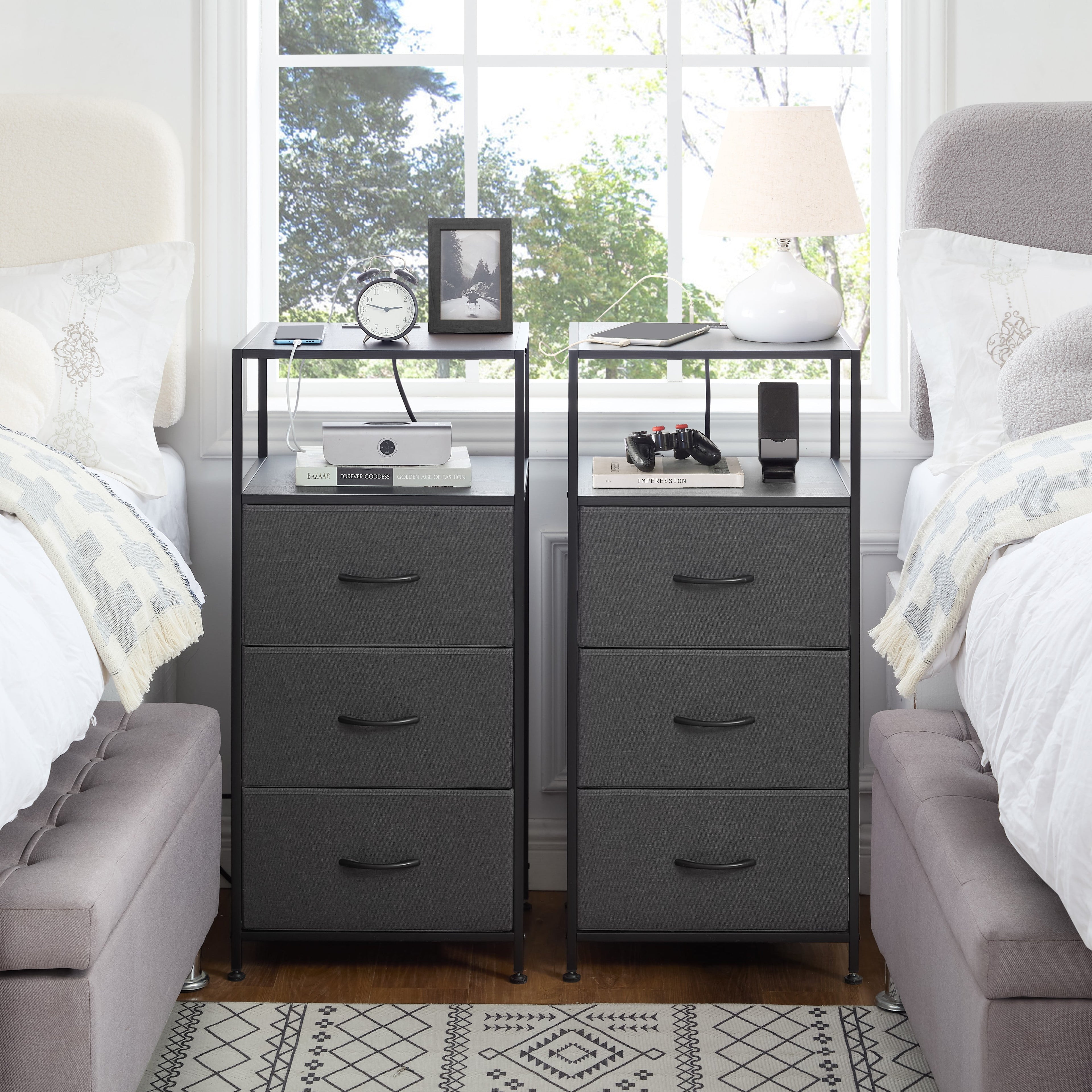 Mainstays 3 Drawer Fabric Nightstand with USB, Grey