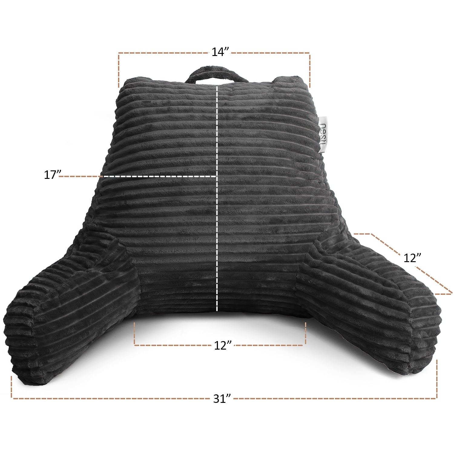 Nestl Backrest Reading Pillow, Back Support Pillow with Arms, Shredded Memory Foam Bed Rest Pillow, Dark Gray